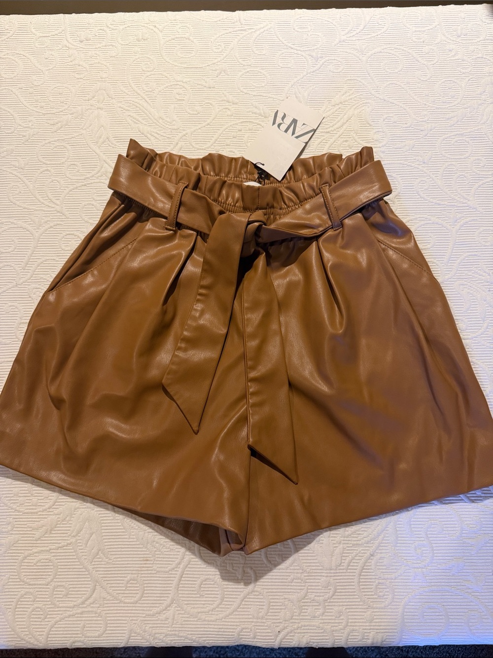 Zara Tan Faux Leather High-Waist Paperbag Shorts with Tie Belt NWT XS